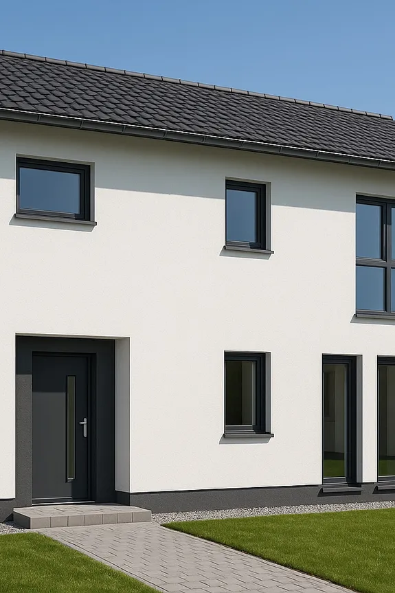 Fassade eines Wohngebäudes mit frisch angebrachtem Wärmedämmverbundsystem